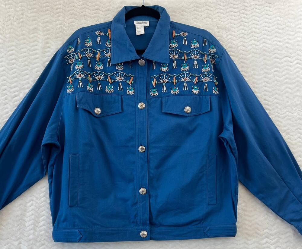 Neiman Marcus Blue Beaded Coral Turquoise Boho Southwestern Canvas Jacket Large